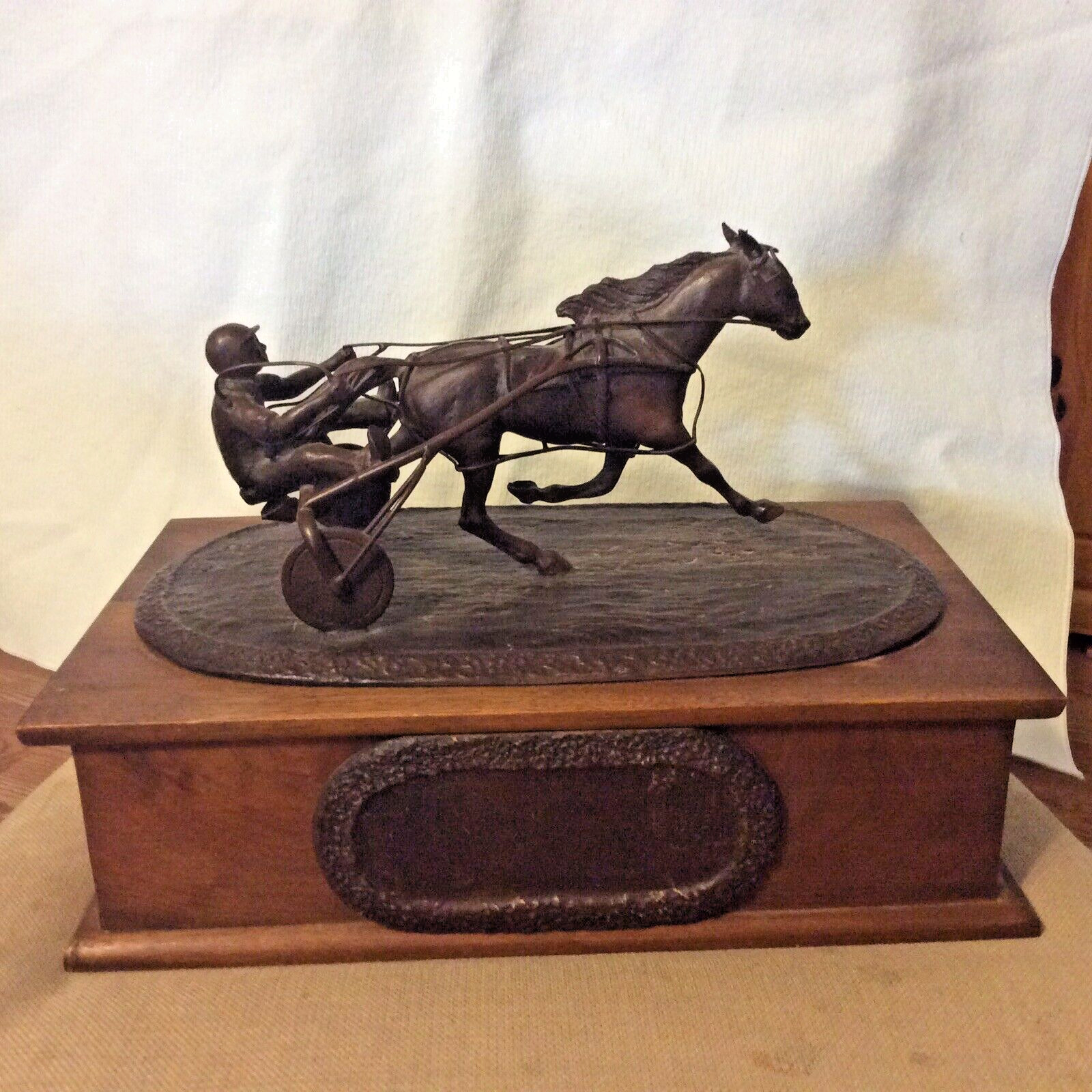 Vintage Harness Racing Bronze Sculpture/Trophy & Wooden Box-23 pounds-excellent