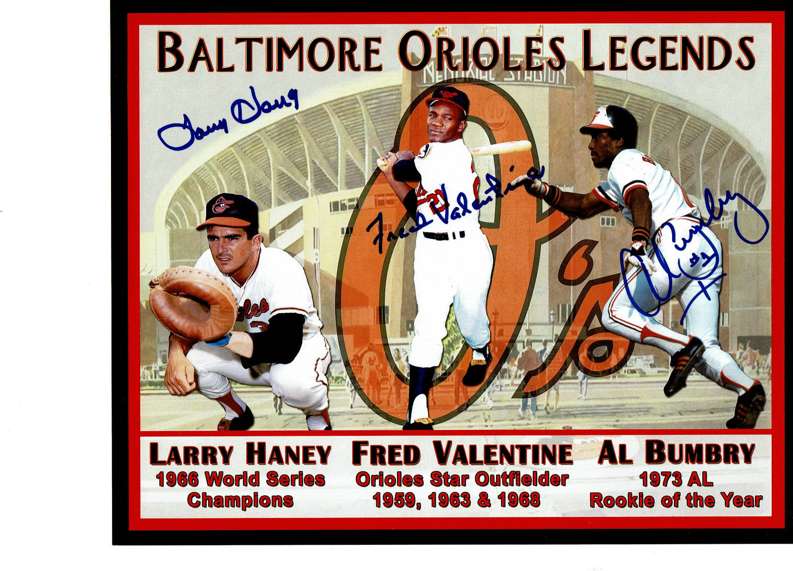 Baltimore Orioles three  autographs on 8x10  photo Al Bumbry,  Valentine, Haney*