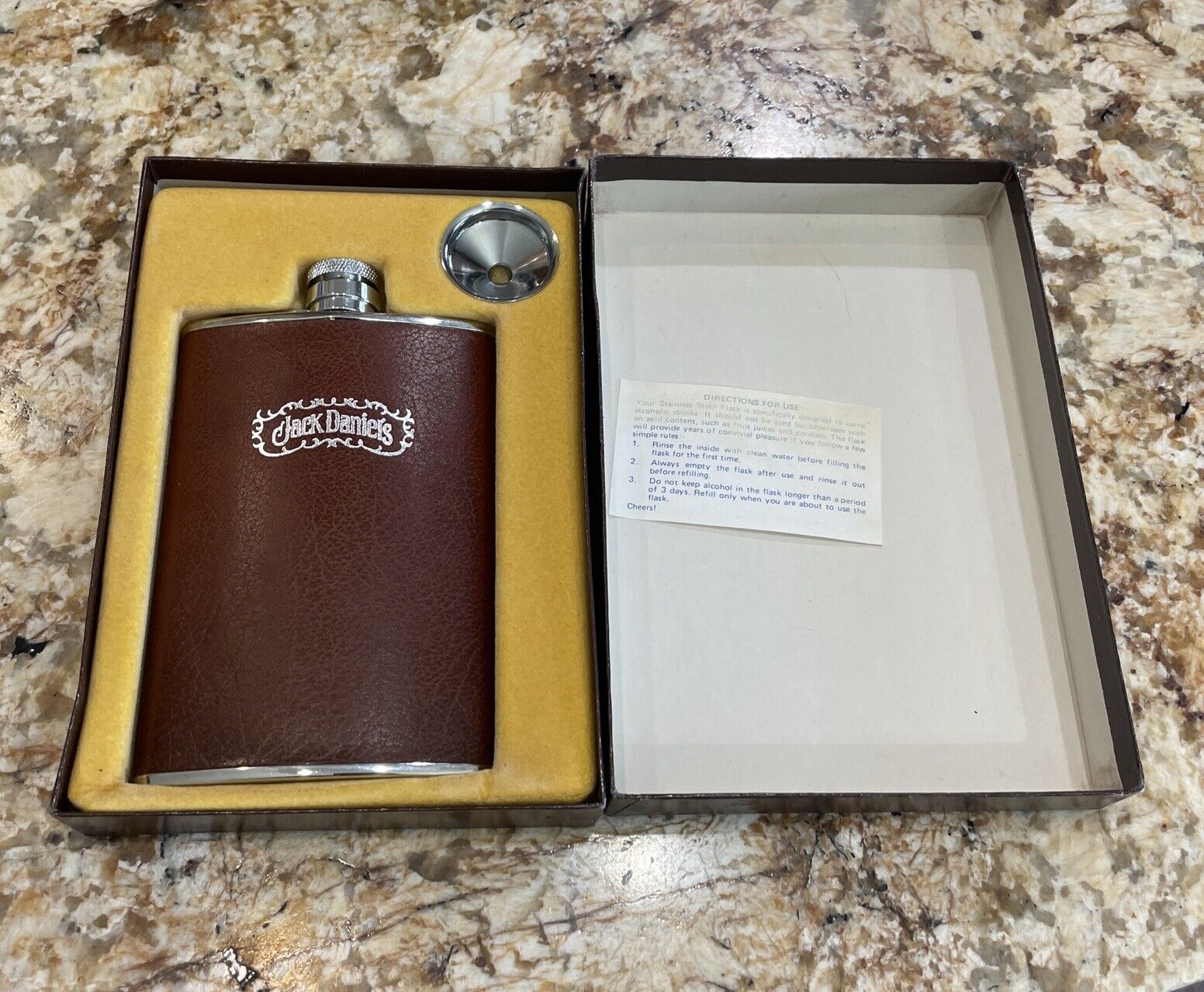 Jack Daniels Leather Wrapped Flask and Funnel Vintage
