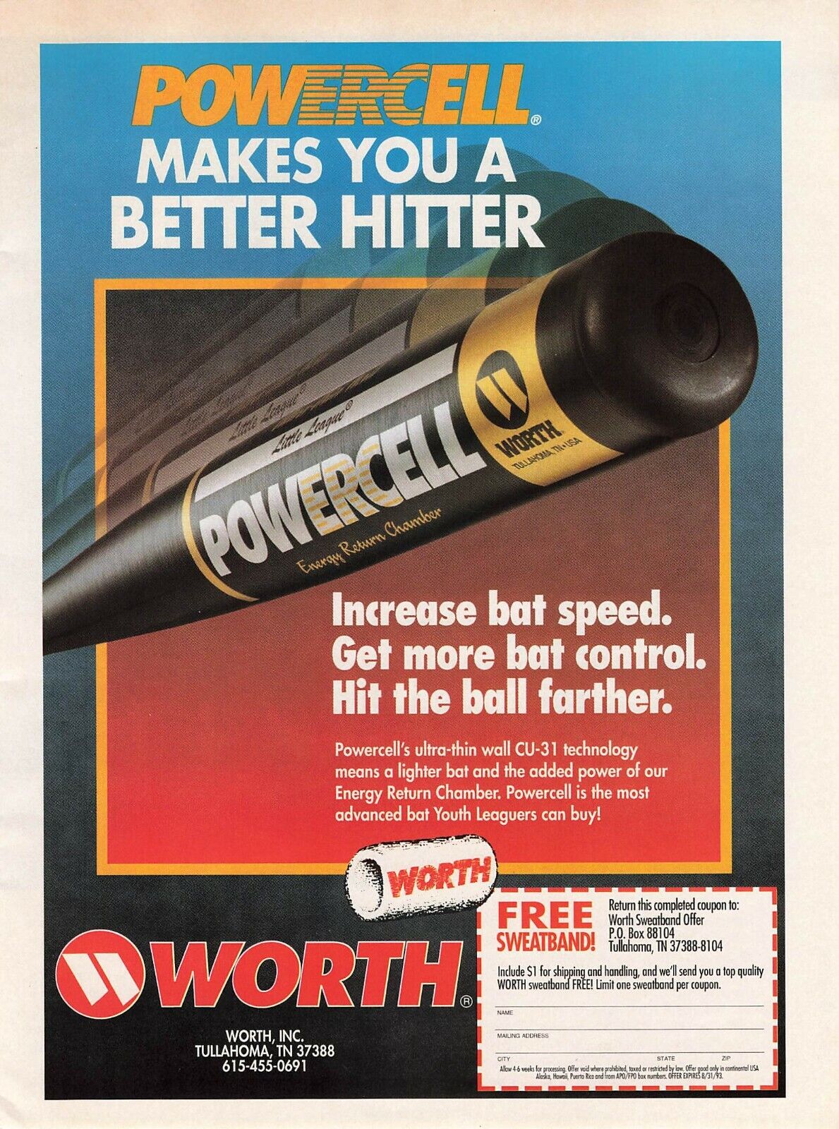 Powercell Baseball Bat Worth Sweatband 1993 Promo Vtg Full Page Print Ad 8X11