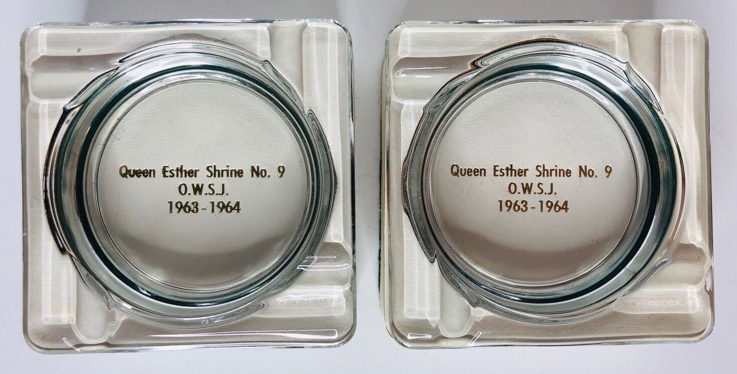 Two Vintage Queen Esther Shrine No 9 OWSJ 1963-1964 Clear Glass Square Ashtrays 