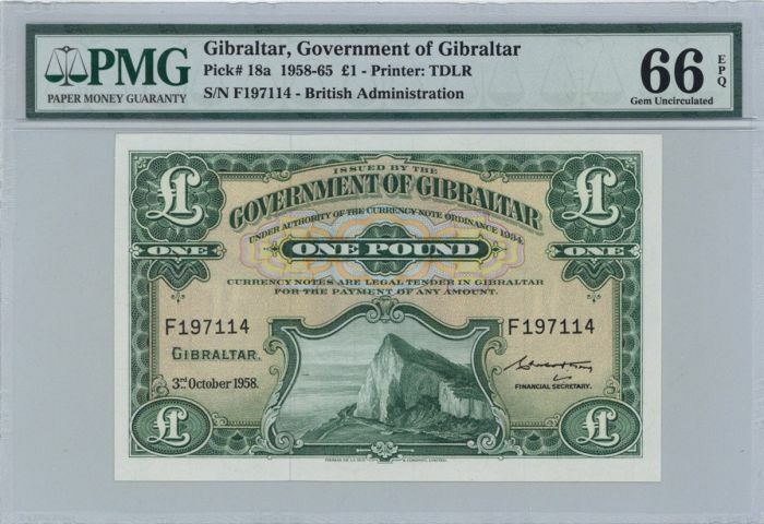 Gibraltar - 1 Pound - P-18a - PMG grade 66 - Oct 3, 1958 dated Foreign Paper Mon