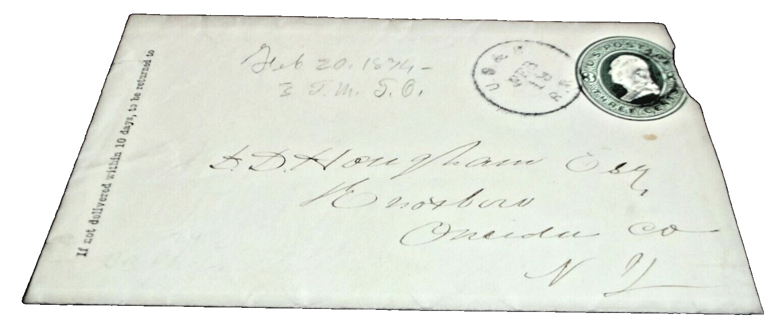 FEBRUARY 1874 UTICA CLINTON & BINGHAMTON RPO HANDLED ENVELOPE NY&OM NYO&W