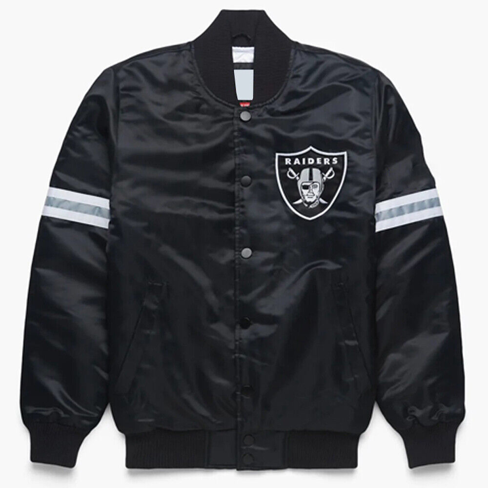 Vintage 80s NFL Oakland Raiders Black Satin Varsity Snap Jacket Men All sizes