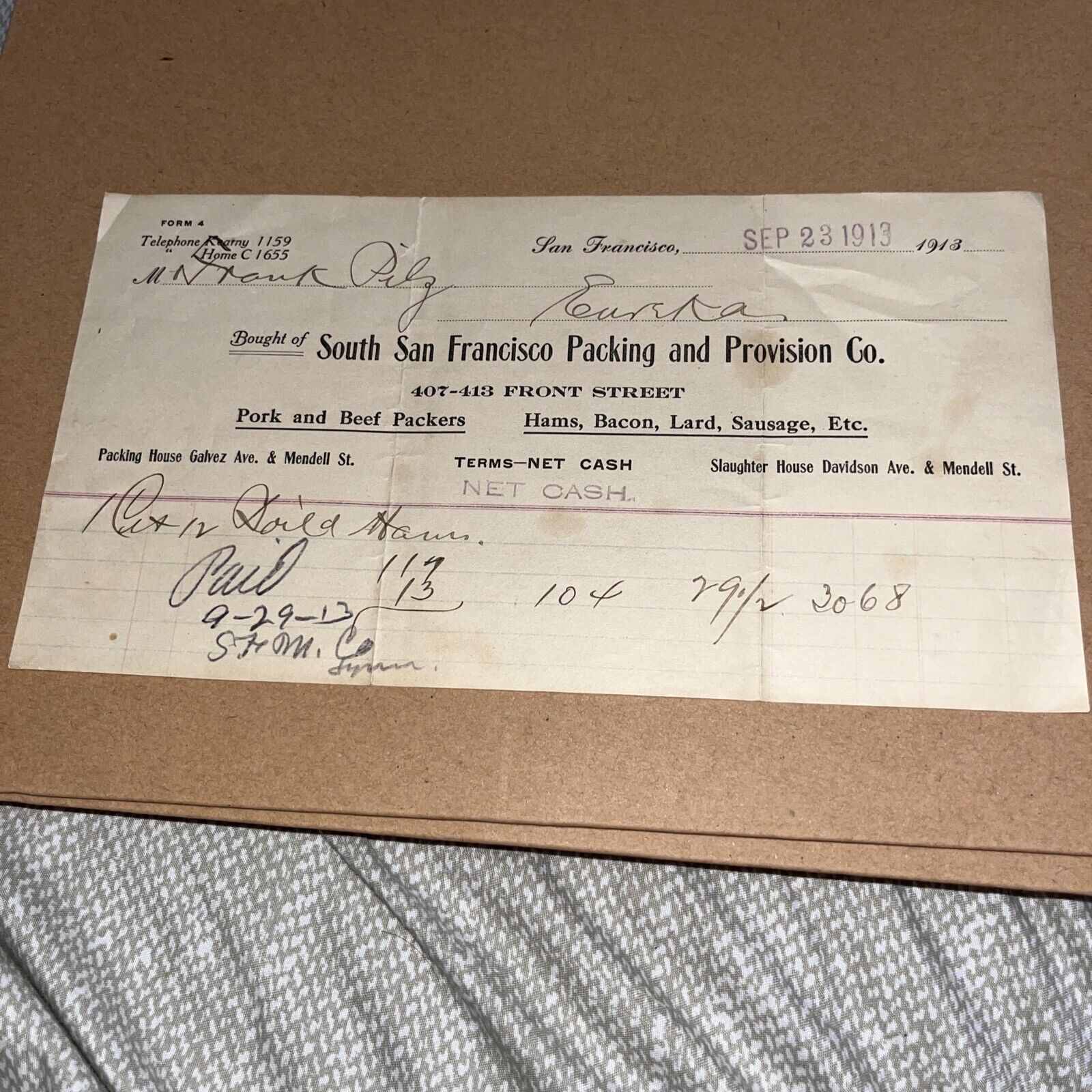 1913 Antique South San Francisco CA Packing and Provision Invoice: Ham Pork Beef