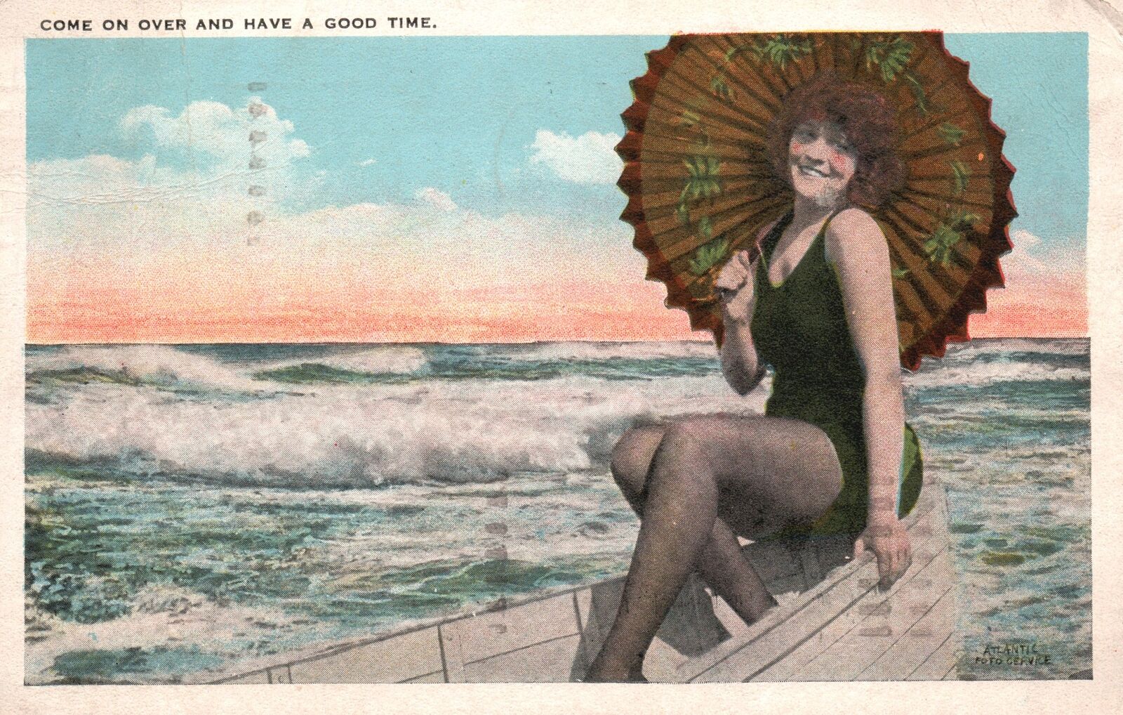 Vintage Postcard 1924 Beautiful Lady Beach Boat Adventure Photograph Sunset