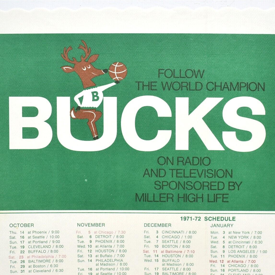 1971 1972 Milwaukee Bucks NBA Basketball Schedule Miller Beer Life Wisconsin