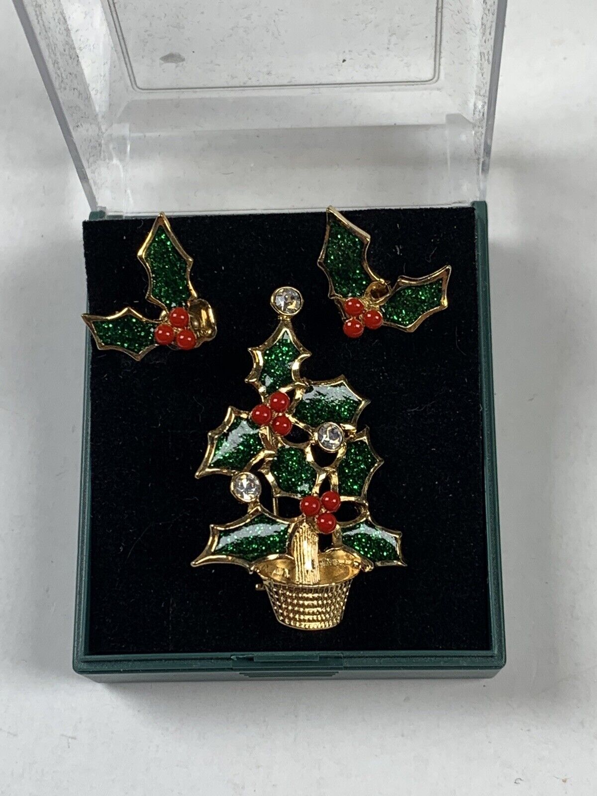 Avon Christmas Holly Brooch And Matching Earrings