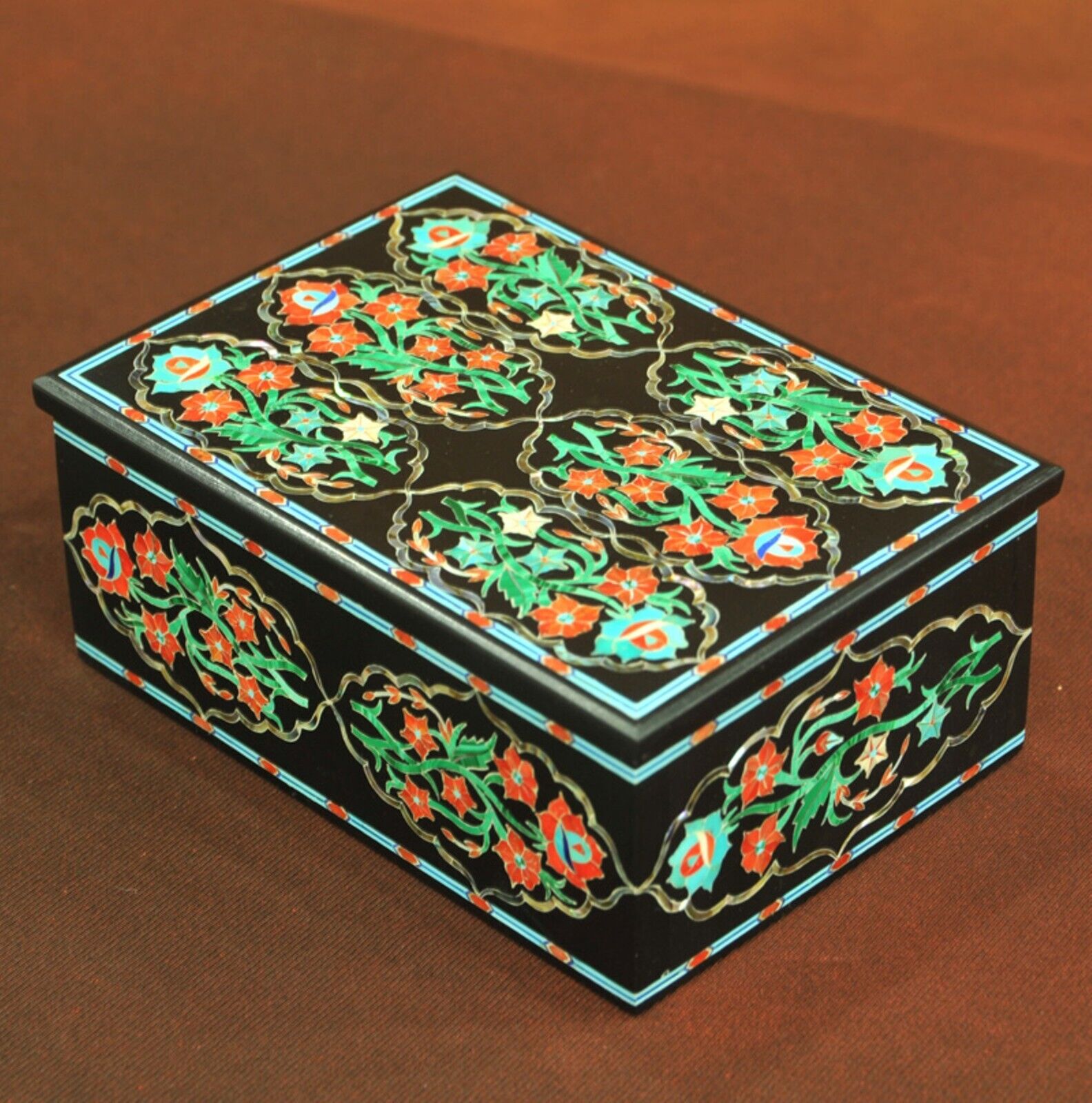 Rectangle Black Marble Trinket Box Multicolor Stone Inlay Work Small Jewelry Box