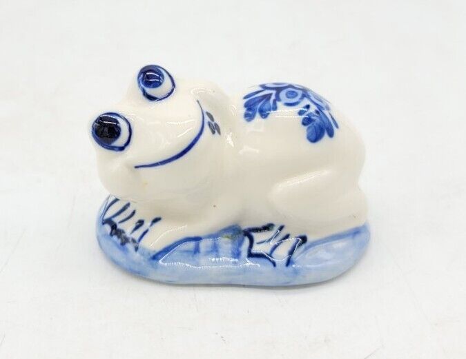 Vintage Miniature Porcelain Ceramic Blue White Lazy Happy Frog Figurine Cute