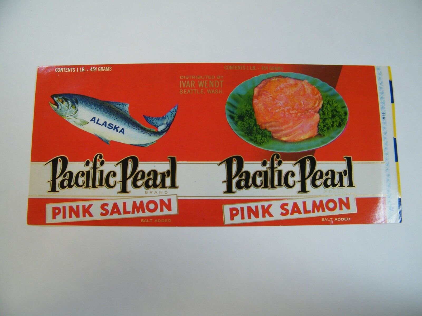 1948 PACIFIC PEARL PINK SALMON LABEL IVAR WENDT SEATTLE WA