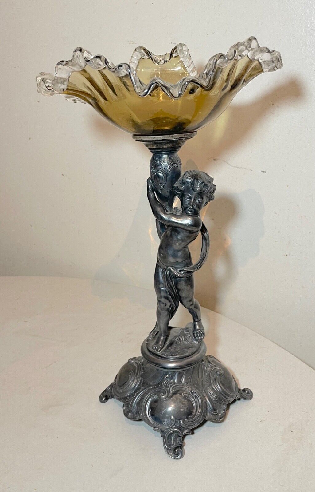 antique ornate silverplate cherub figural blown glass centerpiece tazza compote