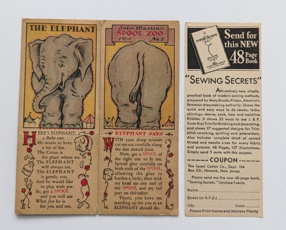 Vtg 1931 Clark\'s ONT J&P CoatsTHE ELEPHANT John Martin\'s Spool Zoo Trade Card