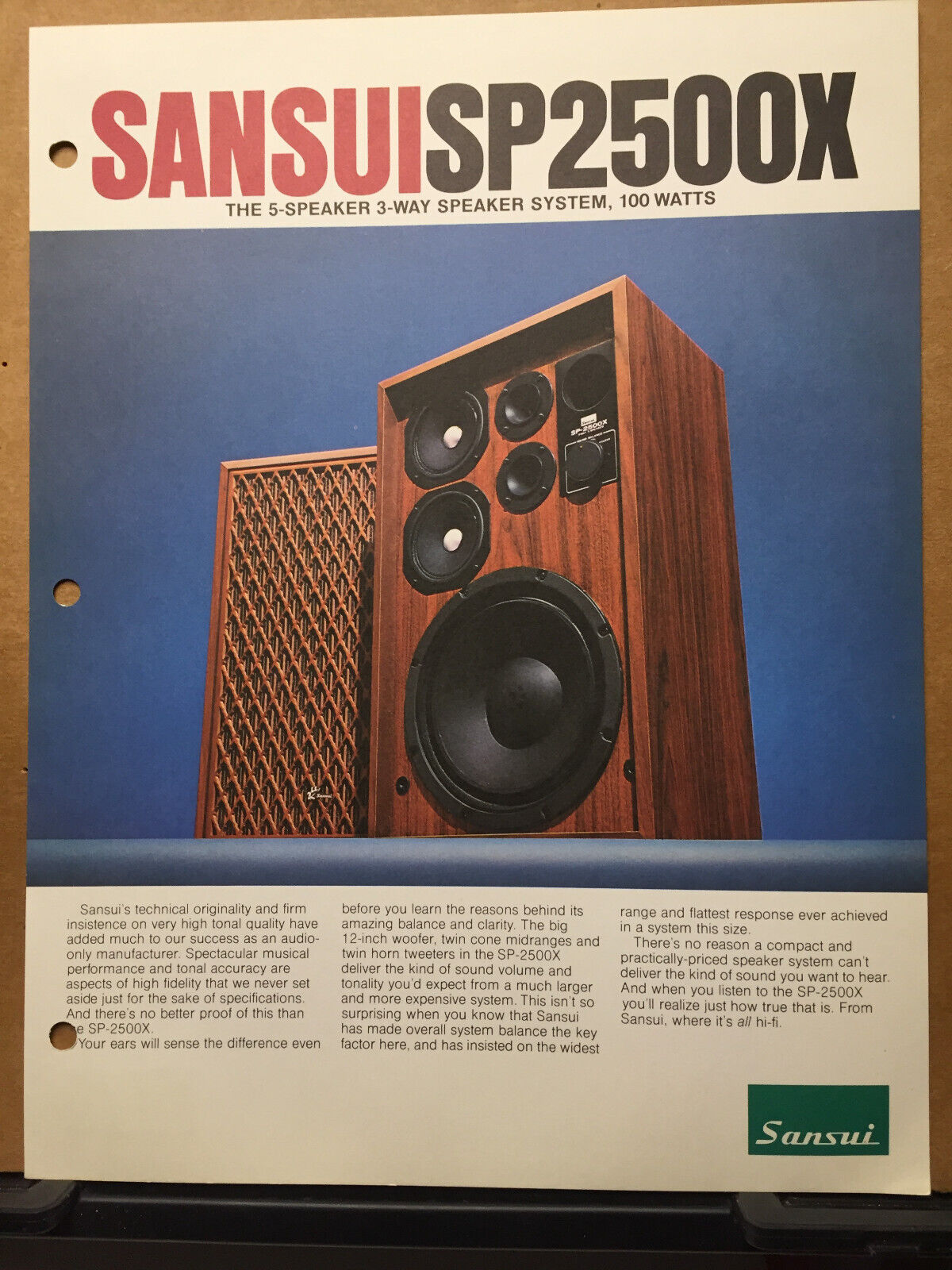 Vtg Sansui Catalog Insert ~ SP2500X Speaker Spec Sheet ~ Original Brochure