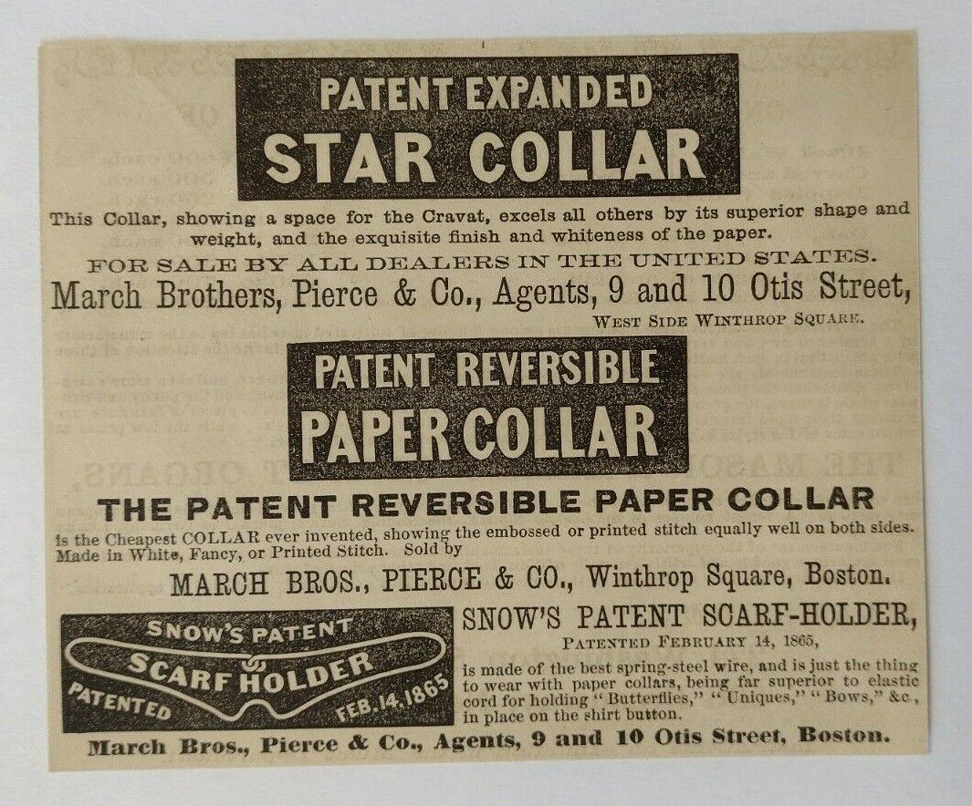 1865 Patent Reversible Paper Collar Advertisement Pierce & Co. Boston, Massachus