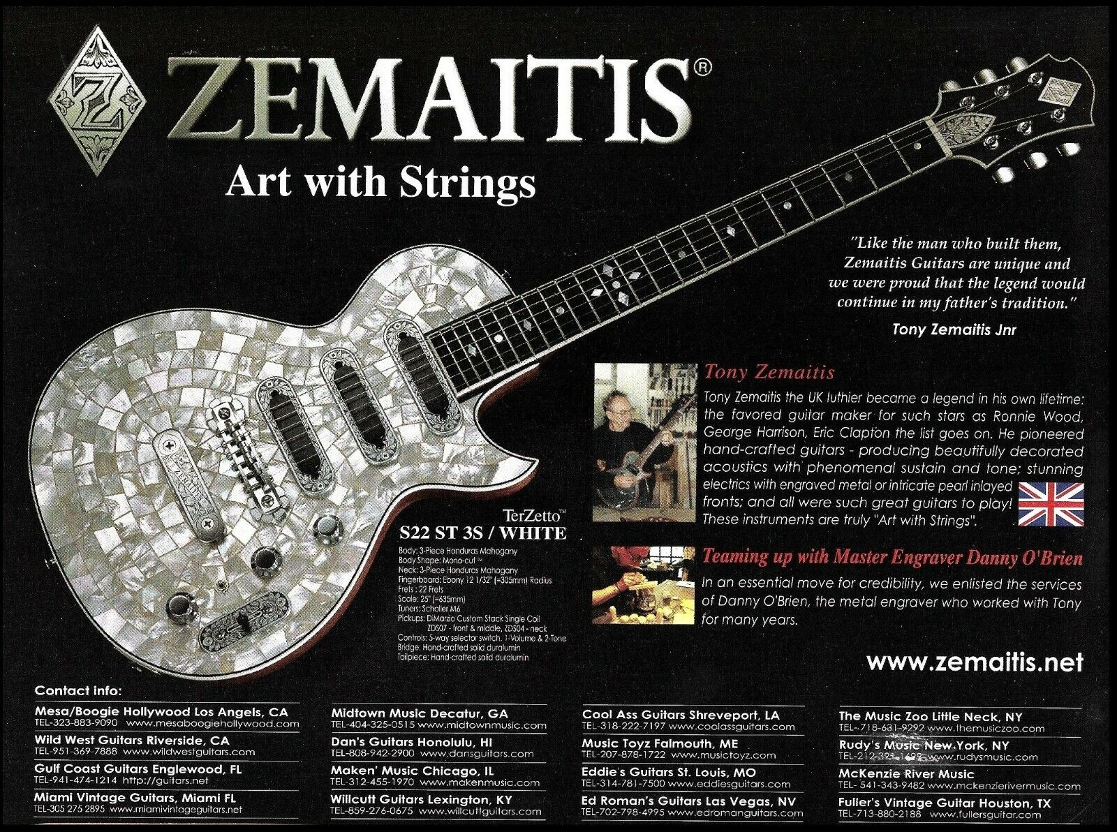 Tony Zemaitis TerZetto S22 ST 3S White Pearl Guitar 8 x 11 advertisement 2006 ad