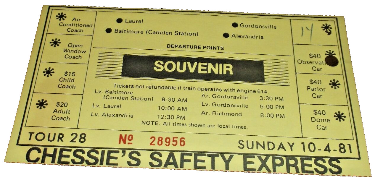 OCTOBER 1981 CHESSIE SAFETY EXPRESS SPECIAL SOUVENIR TICKET 