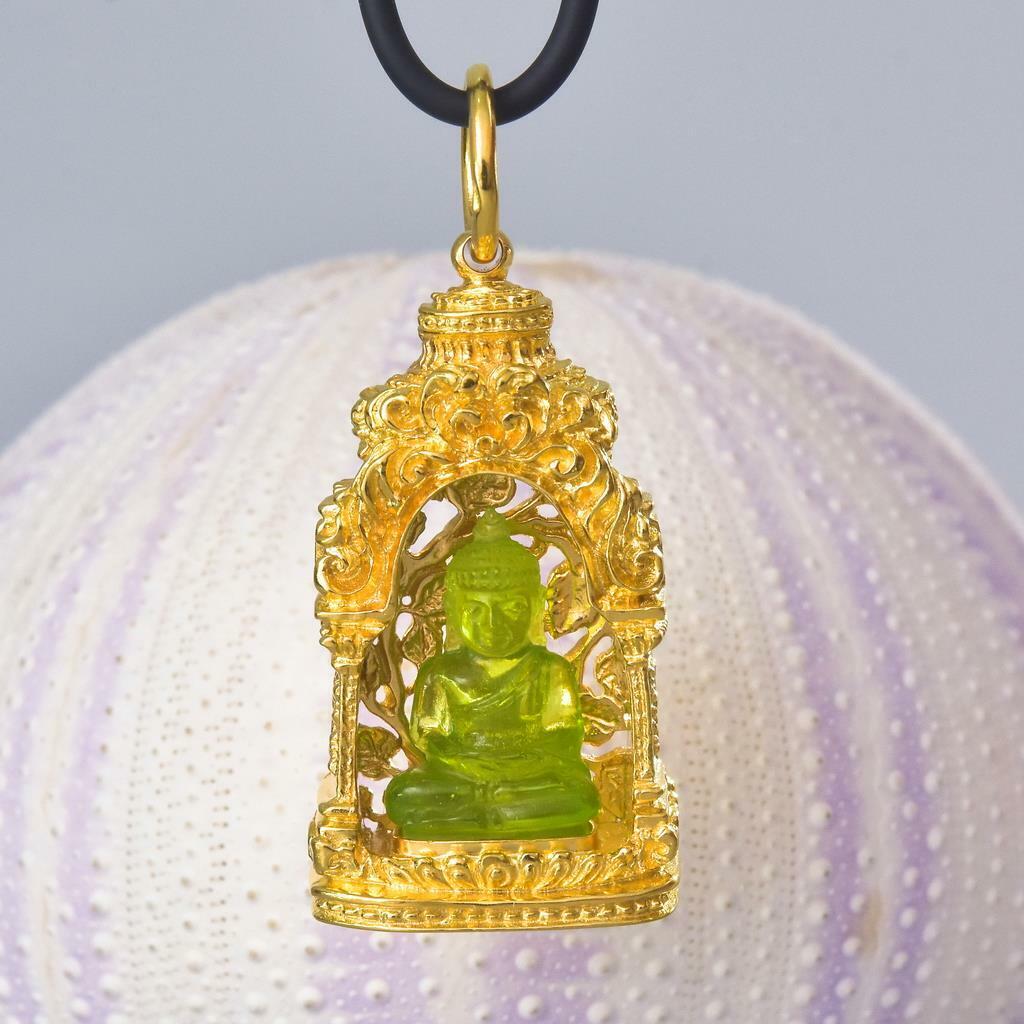 Buddha Image Gold Vermeil Sterling Pagoda Green Chalcedony Pendant Amulet 15.70g