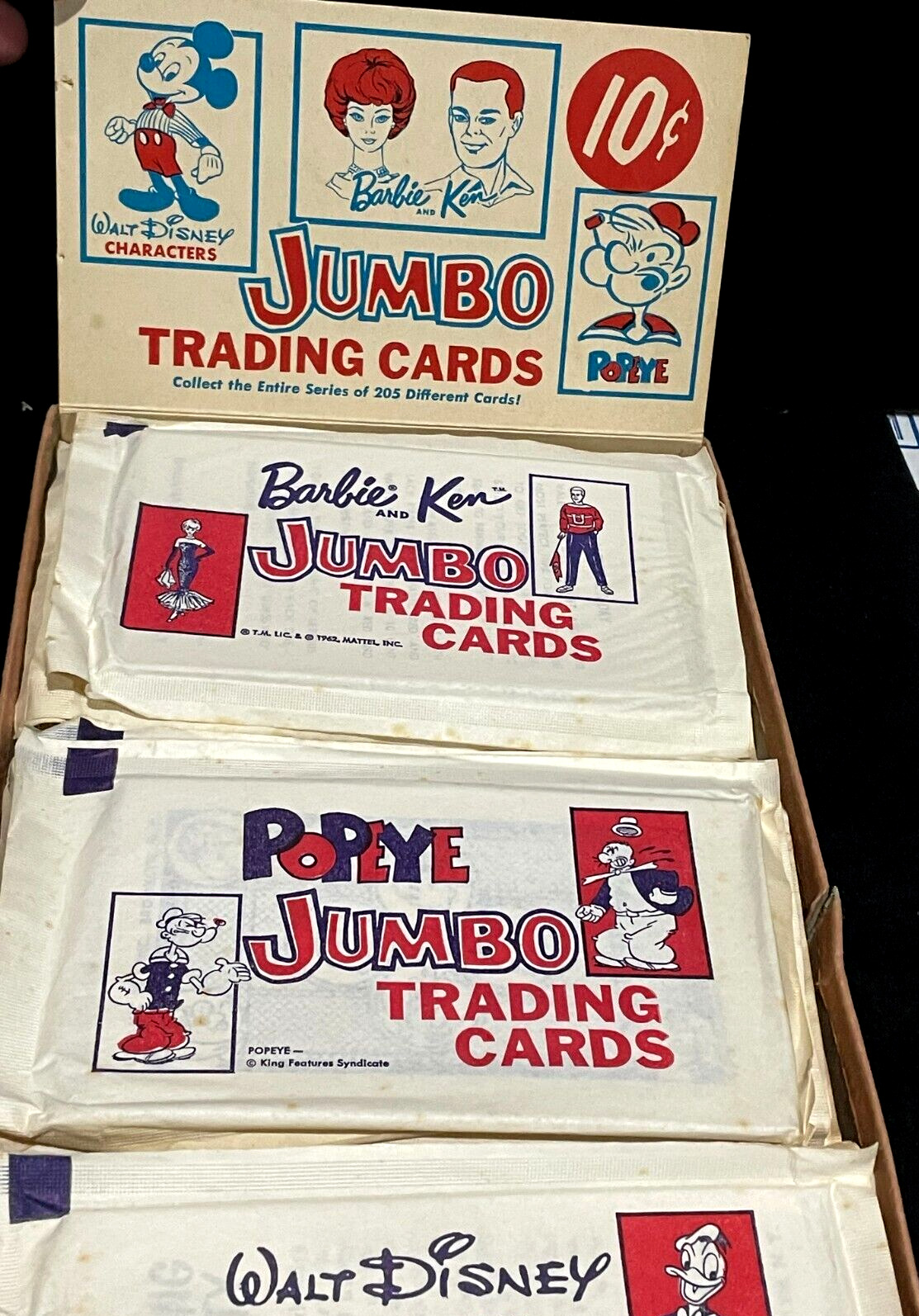 1962 Dynamic Toy Jumbo 24 Packs Barbie/Disney/Popeye Sealed Card Packs W/Box