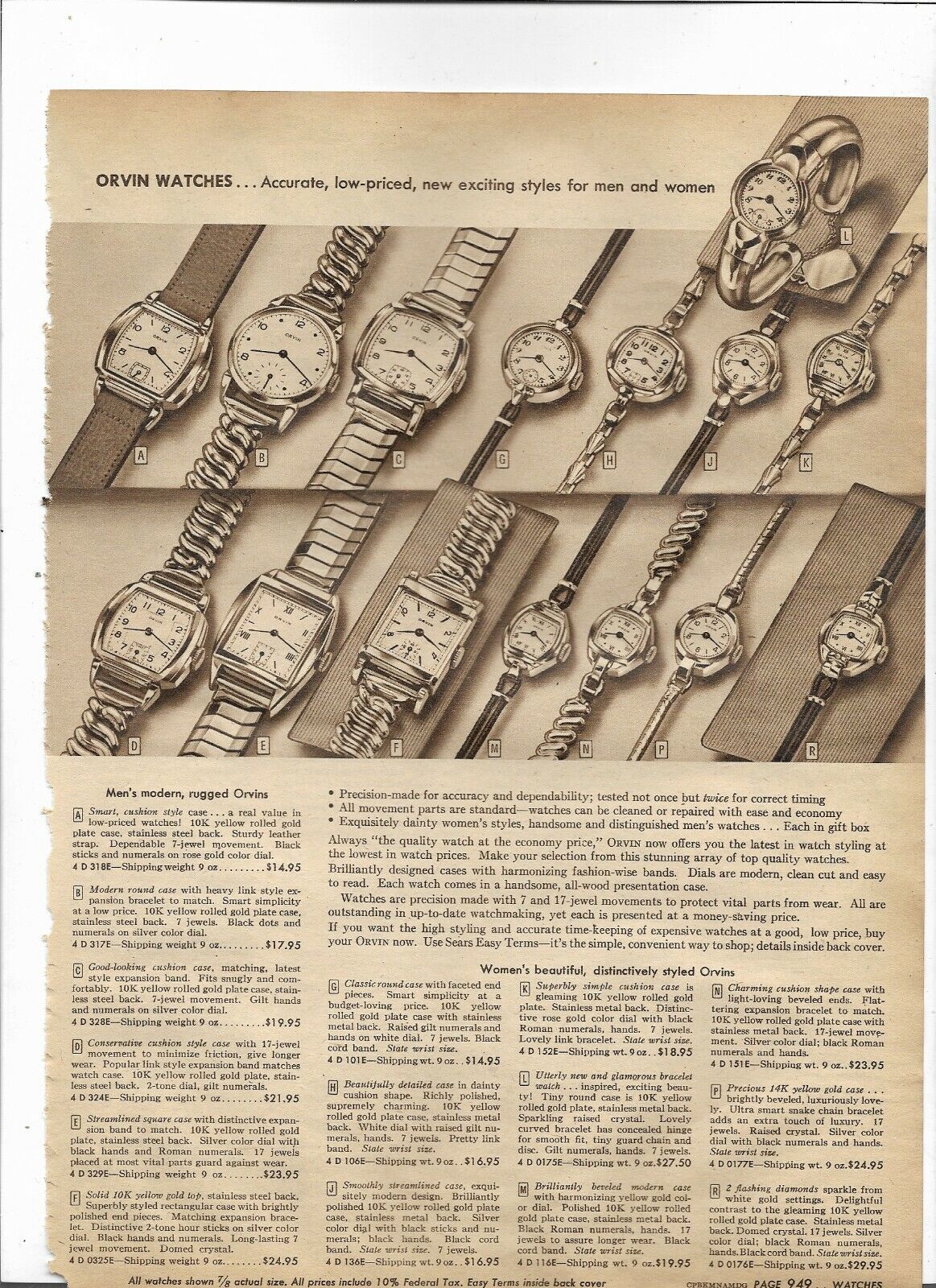 1948 Sears Catalog Ad Page ORVIN MEN WATCHES CORTEBERT WOMEN GOLD PLATE CASE