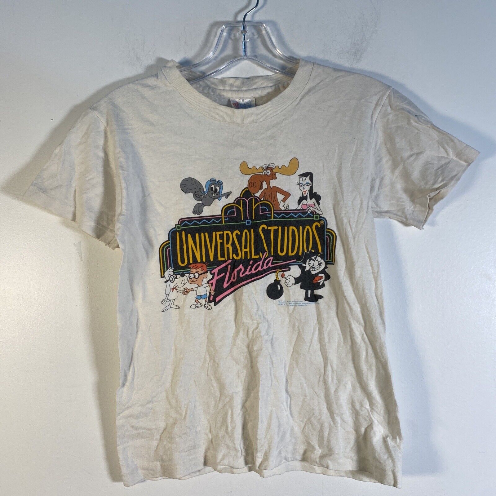 VTG 90s Universal Studios Florida Rocky & Bullwinkle Moose T Shirt Kids M