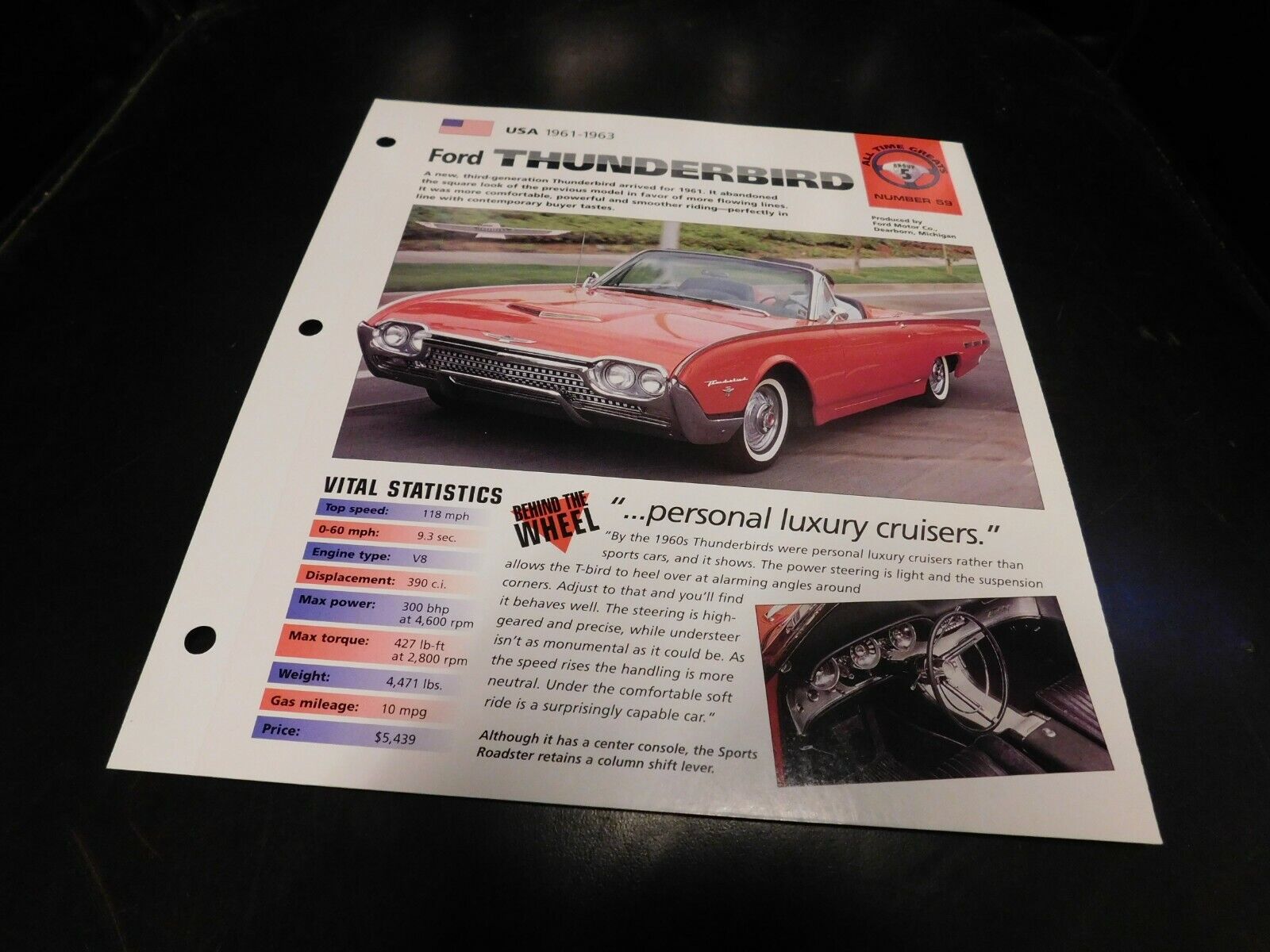 1961-1963 Ford Thunderbird Spec Sheet Brochure Photo Poster 1962