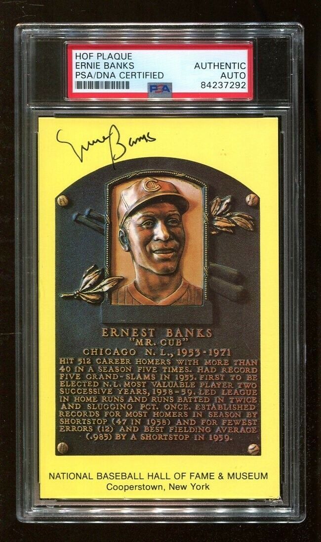 Ernie Banks Signed Baseball HOF Yellow Plaque Autographed Cubs PSA/DNA