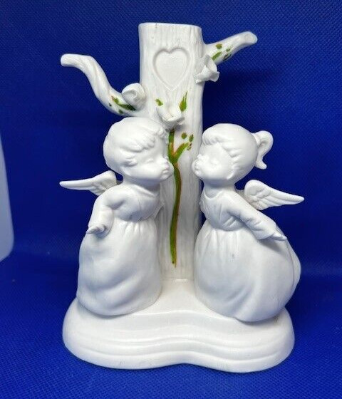 Vintage Standlee\'s Japan Kissing Angels Bisque Porcelain Figurine Bud Vase RARE