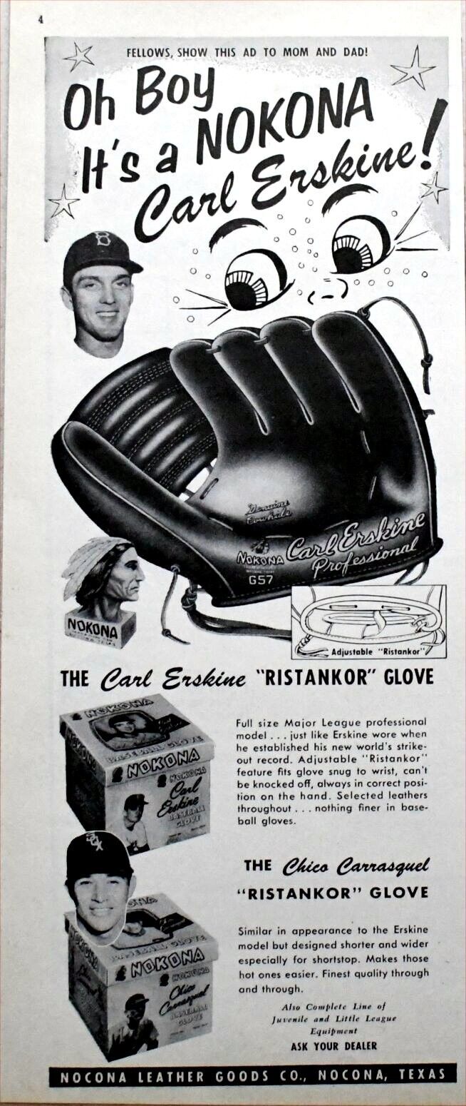 1954 Vintage Magazine Page Ad Dodger Pitcher Carl Erskine for Nokona Gloves