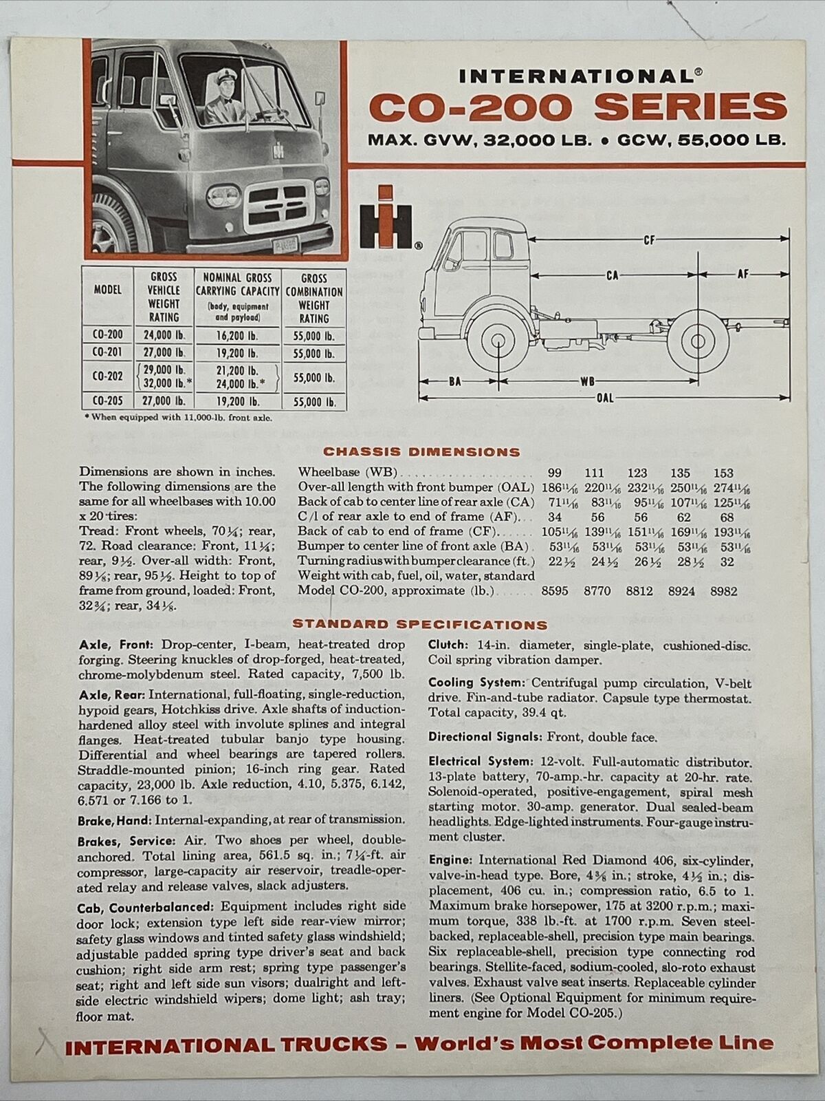 1956 INTERNATIONAL HARVESTER CO-200 SERIES Dealer Sales Brochure Specifications