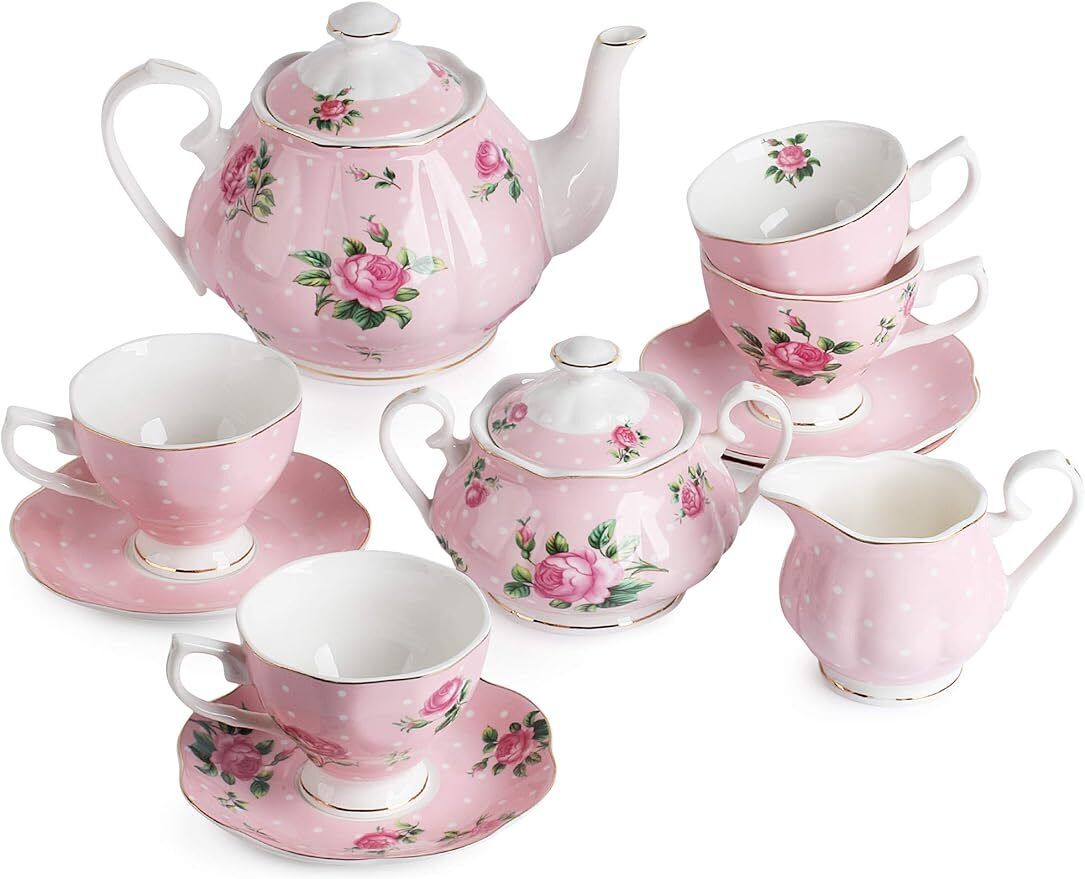 Tea cups (8oz), Tea Pot (38oz), Creamer and Sugar Set, Gift box, Tea Set,