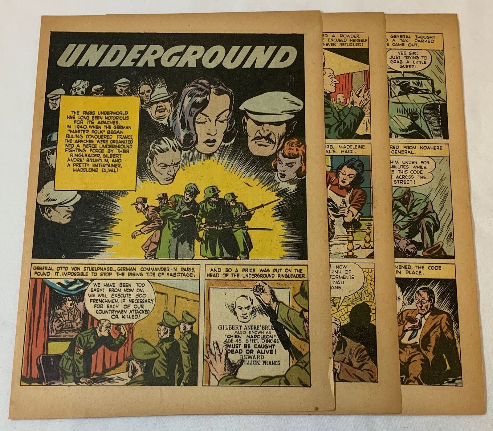1943 six page cartoon story ~ FRENCH UNDERGROUND ~ Gilbert Andre Brustlin