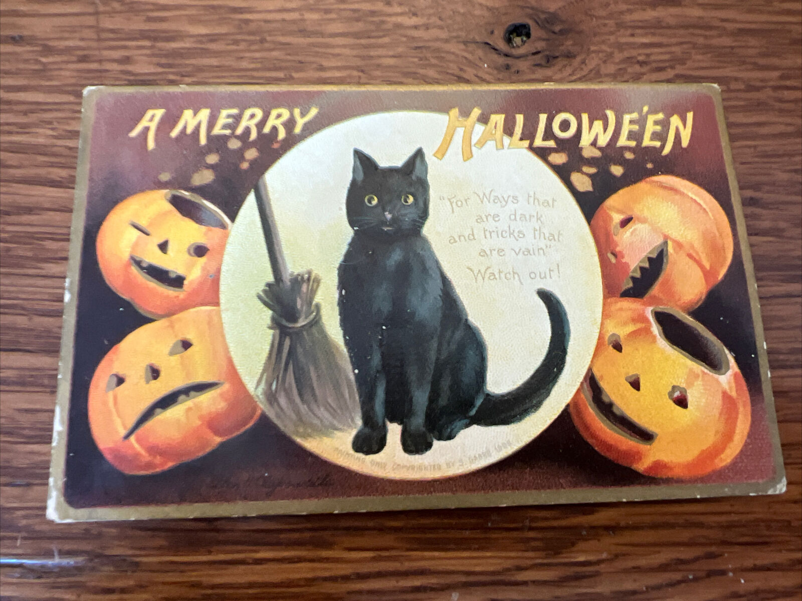 Rare 1915 Embossed A Merry Halloween Postcard Black Cat Jack O Lanterns Unused 8