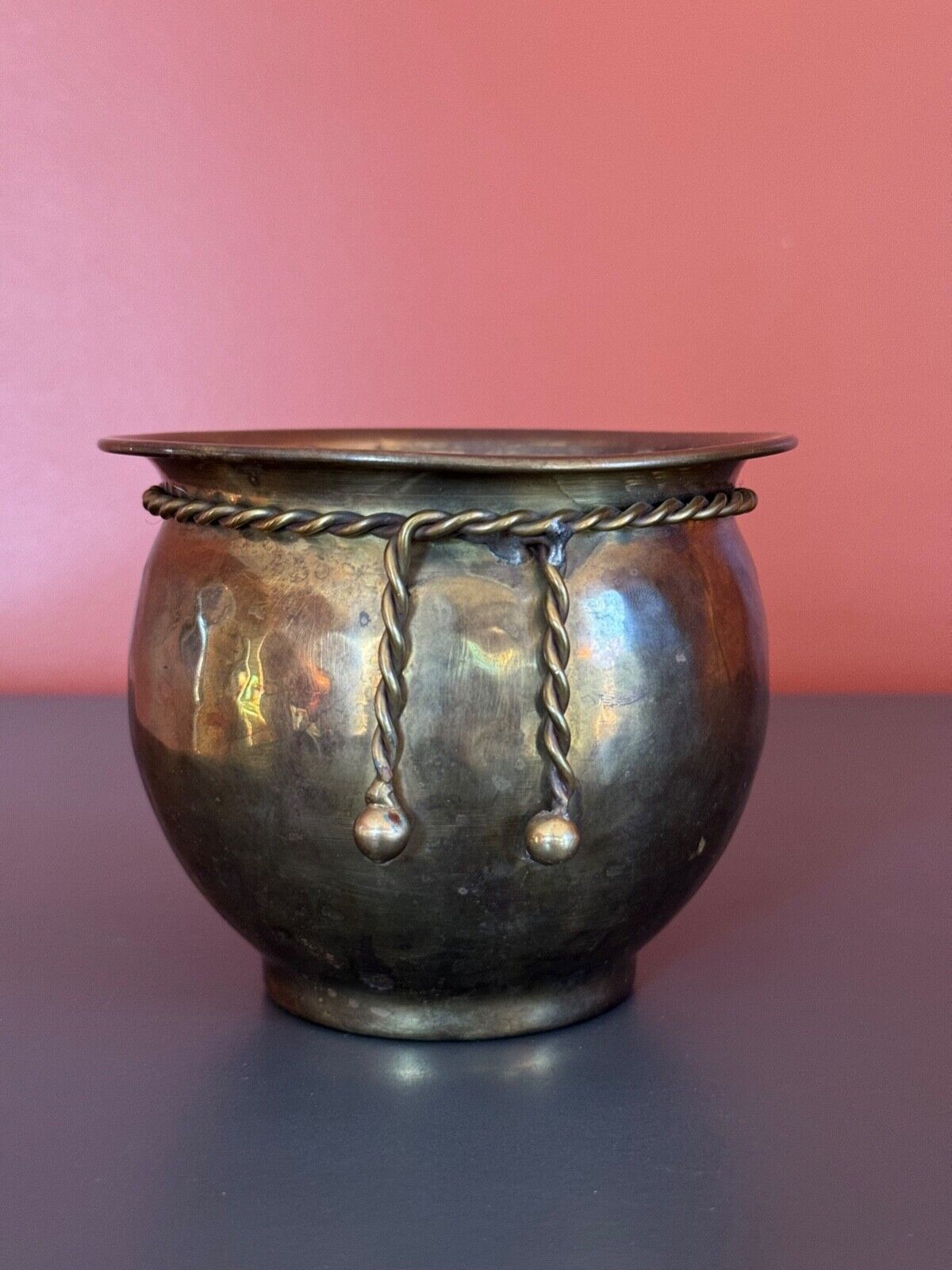 Vintage Mosley Hammered Brass Planter With Rope Design 4\