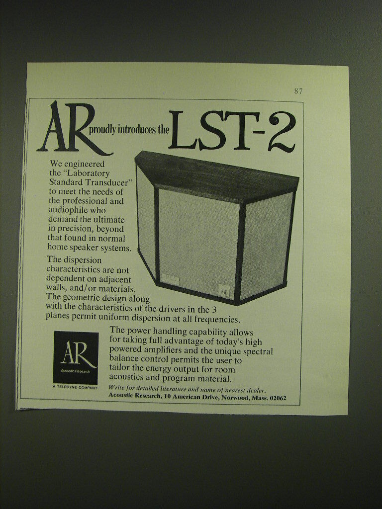 1974 AR Acoustic Research LST-2 Speakers Ad - AR proudly introduces the LST-2