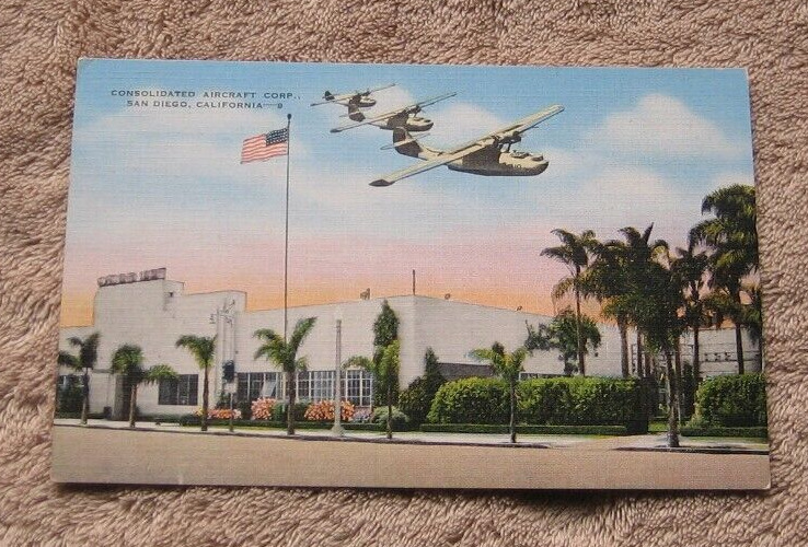 San Diego CA California Consolidated Aircraft Corp Flying Planes Linen Postcard