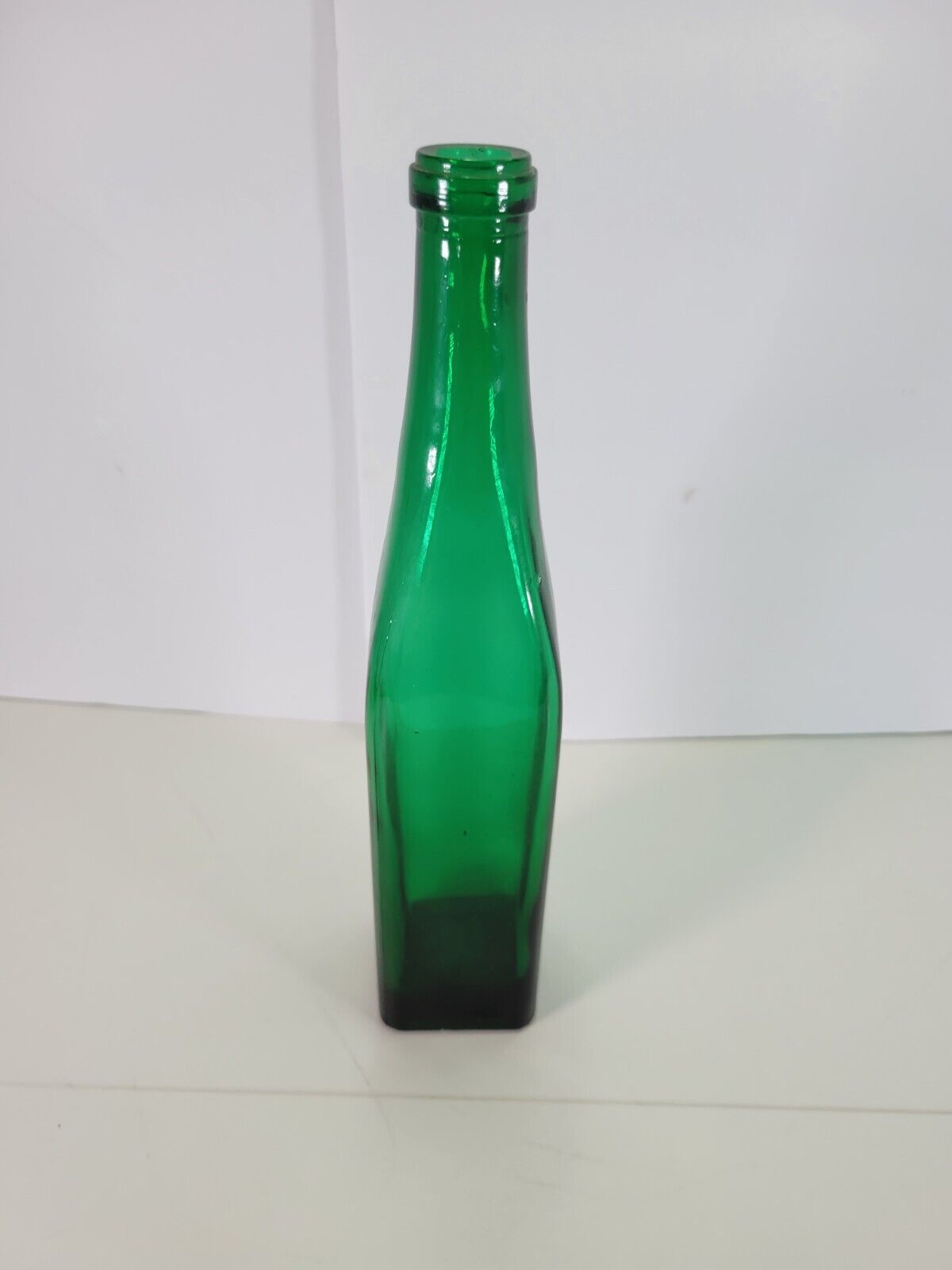 Vintage Emerald Green Bottle With Square Base 11 Inches