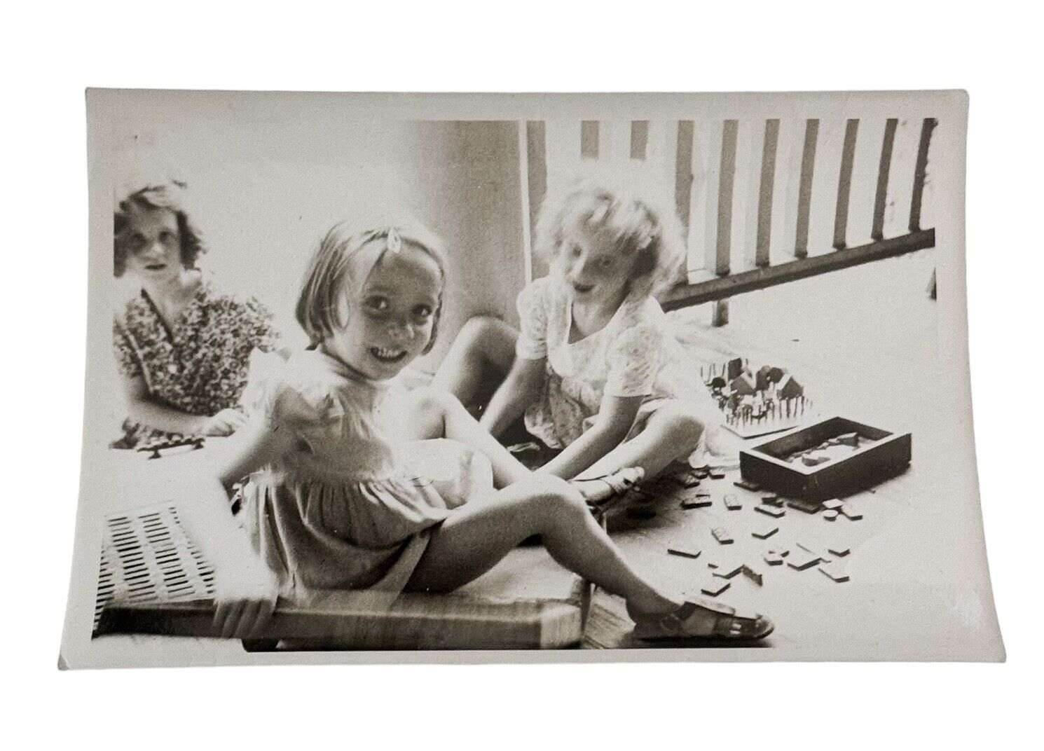 VTG Photo Little Girls On Porch Floor Playing Dominos