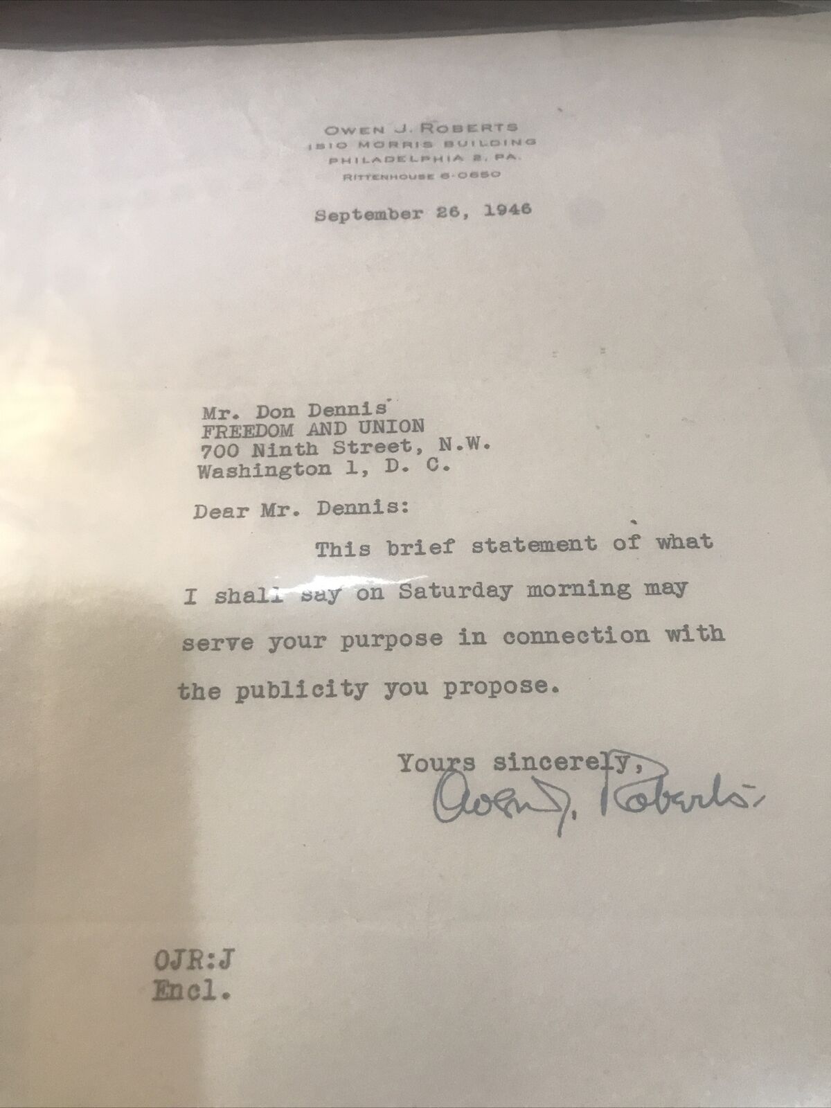 Supreme Court Justice Owen J . Roberts Signed Letter 1946 X136