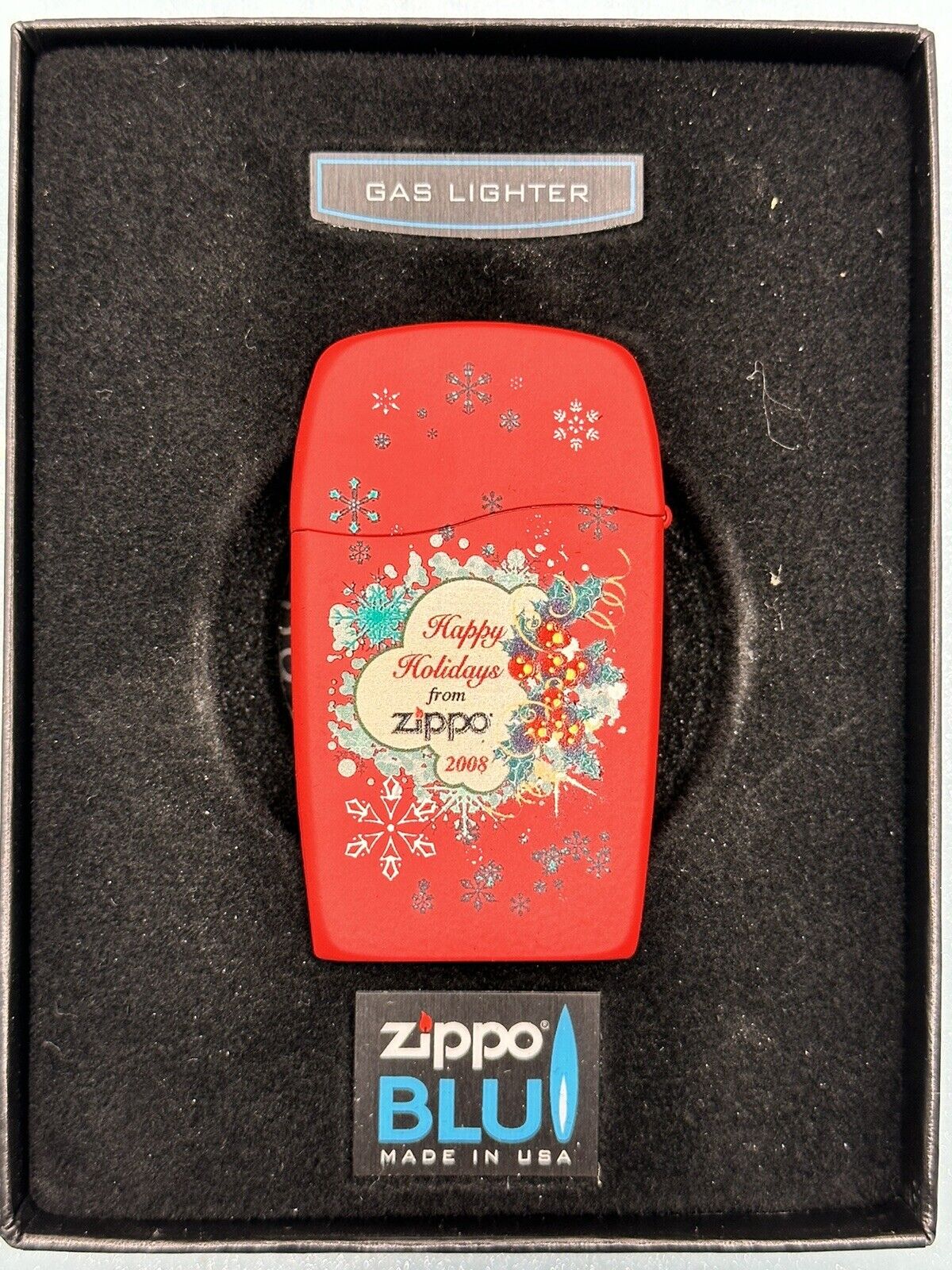 Vintage 2008 Happy Holidays Family & Friends Red Matte Zippo BLU Gas Lighter