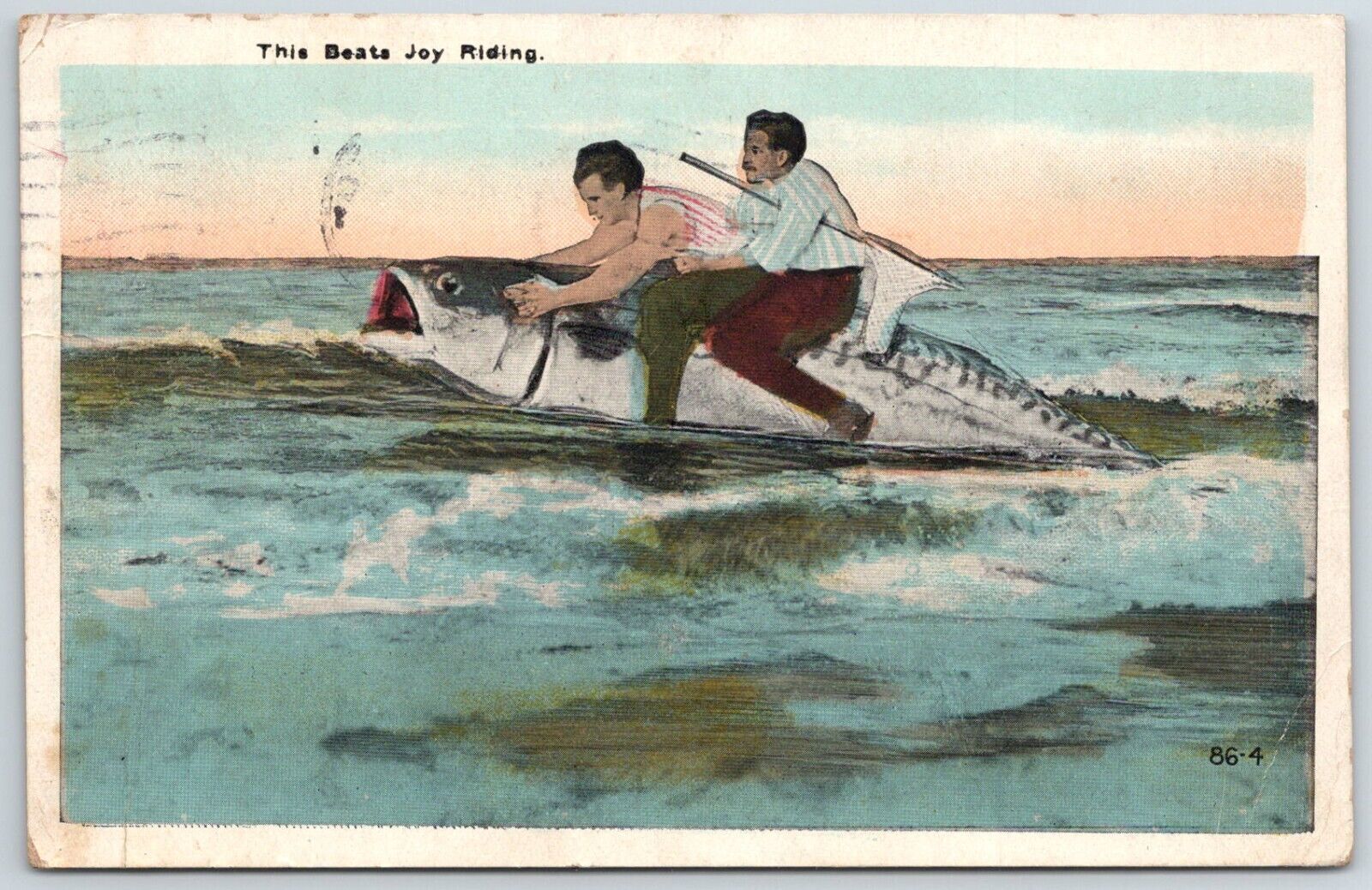 EXAGGERATED FISHING VINTAGE POSTCARD JOY RIDING Geneseo New York 1928