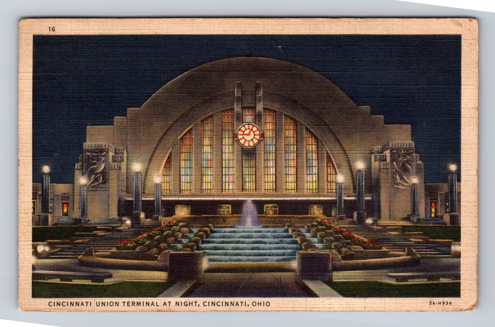 Cincinnati OH-Ohio, Cincinnati Union Terminal At Night, Vintage c1937 Postcard