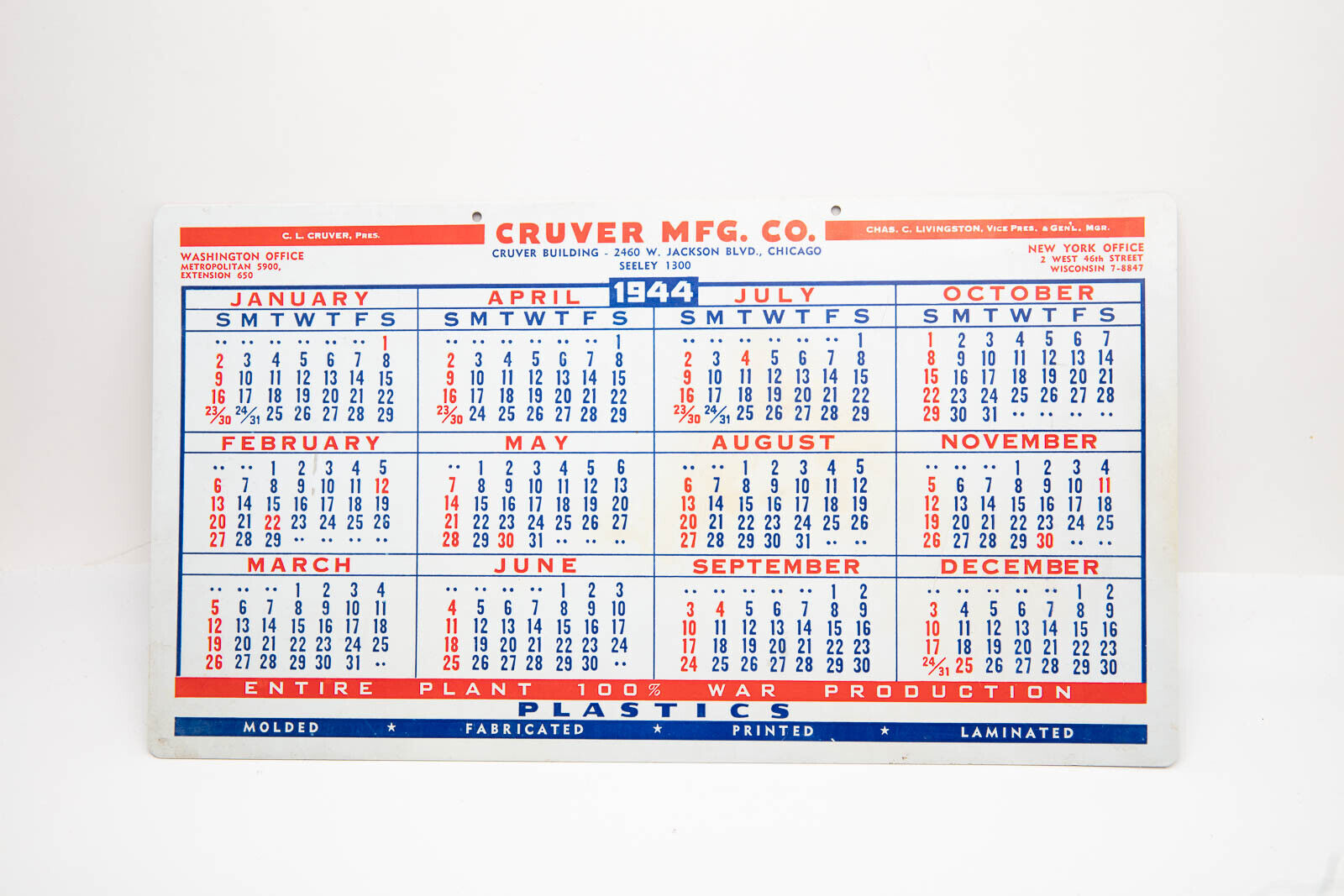 Vintage Cruver MFG Co 1944 Calendar War Production WW2 War Products Rare