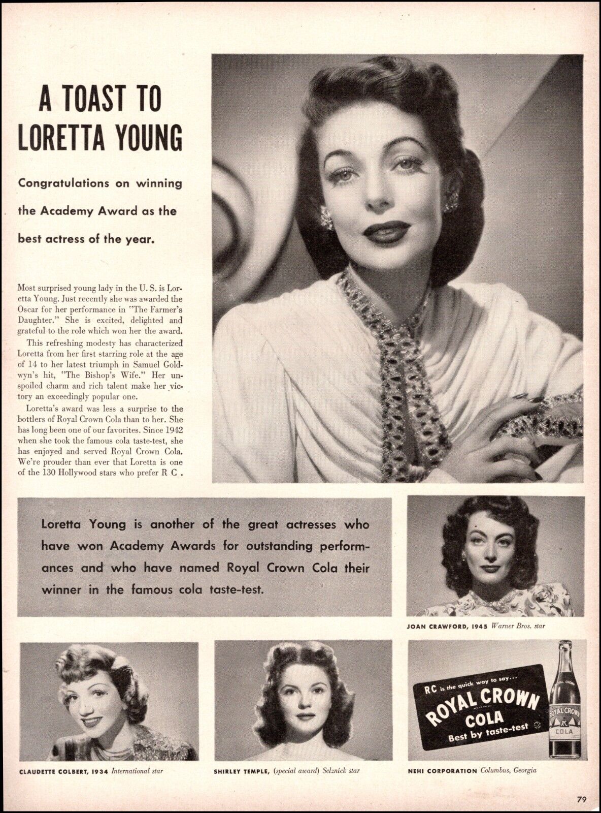 1947 beverage AD ROYAL CROWN COLA , Toasts Loretta Young Oscar Winner 102522