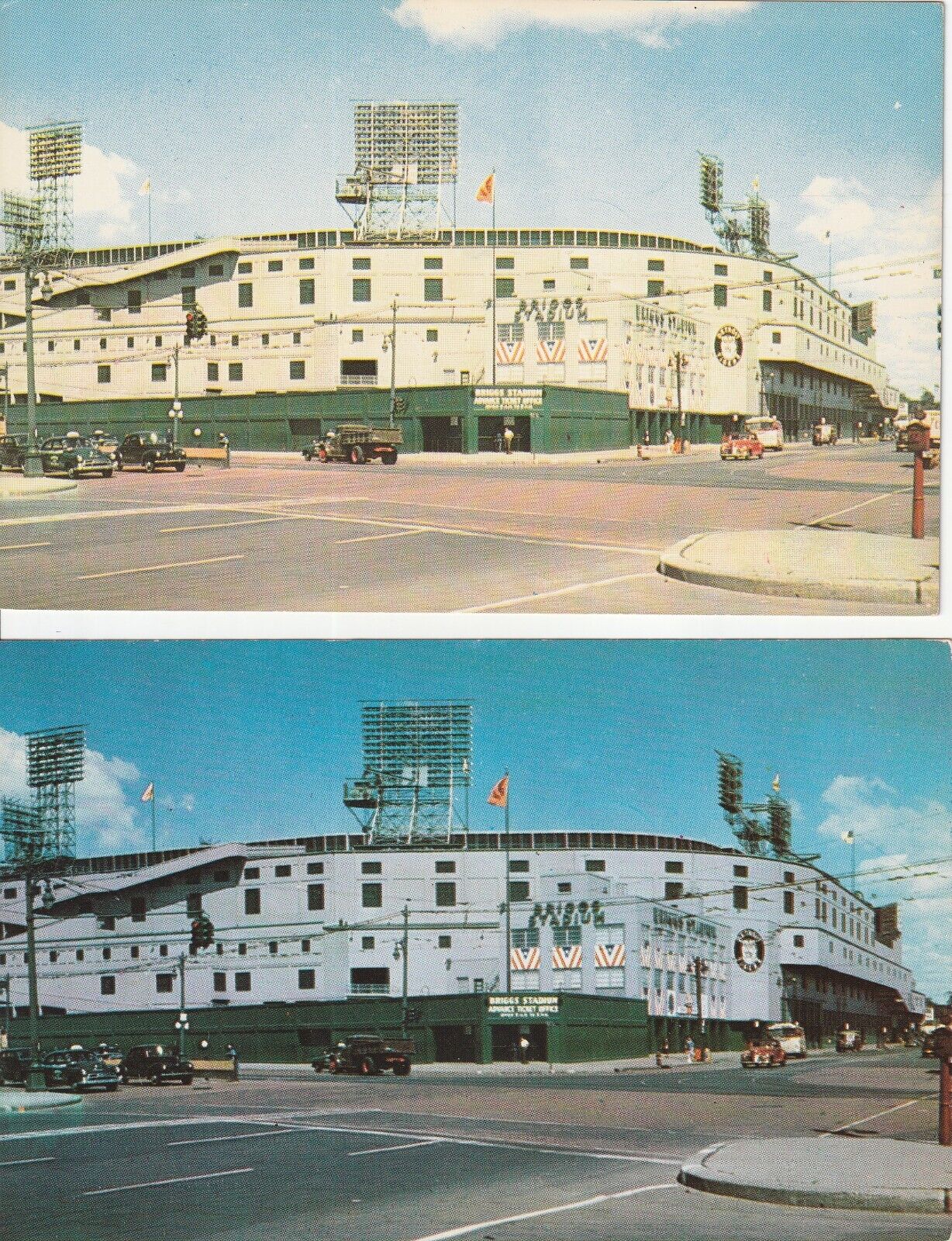 (2) Scarce Detroit Tigers Baseball Briggs Stadium Cloud Variation Postcards