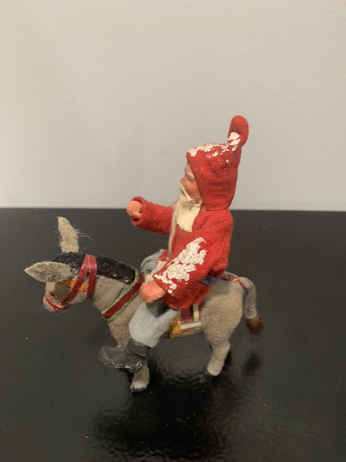 Antique Clay/Composition Belsnickle Santa Ride Felt German Donkey Harness/Saddle