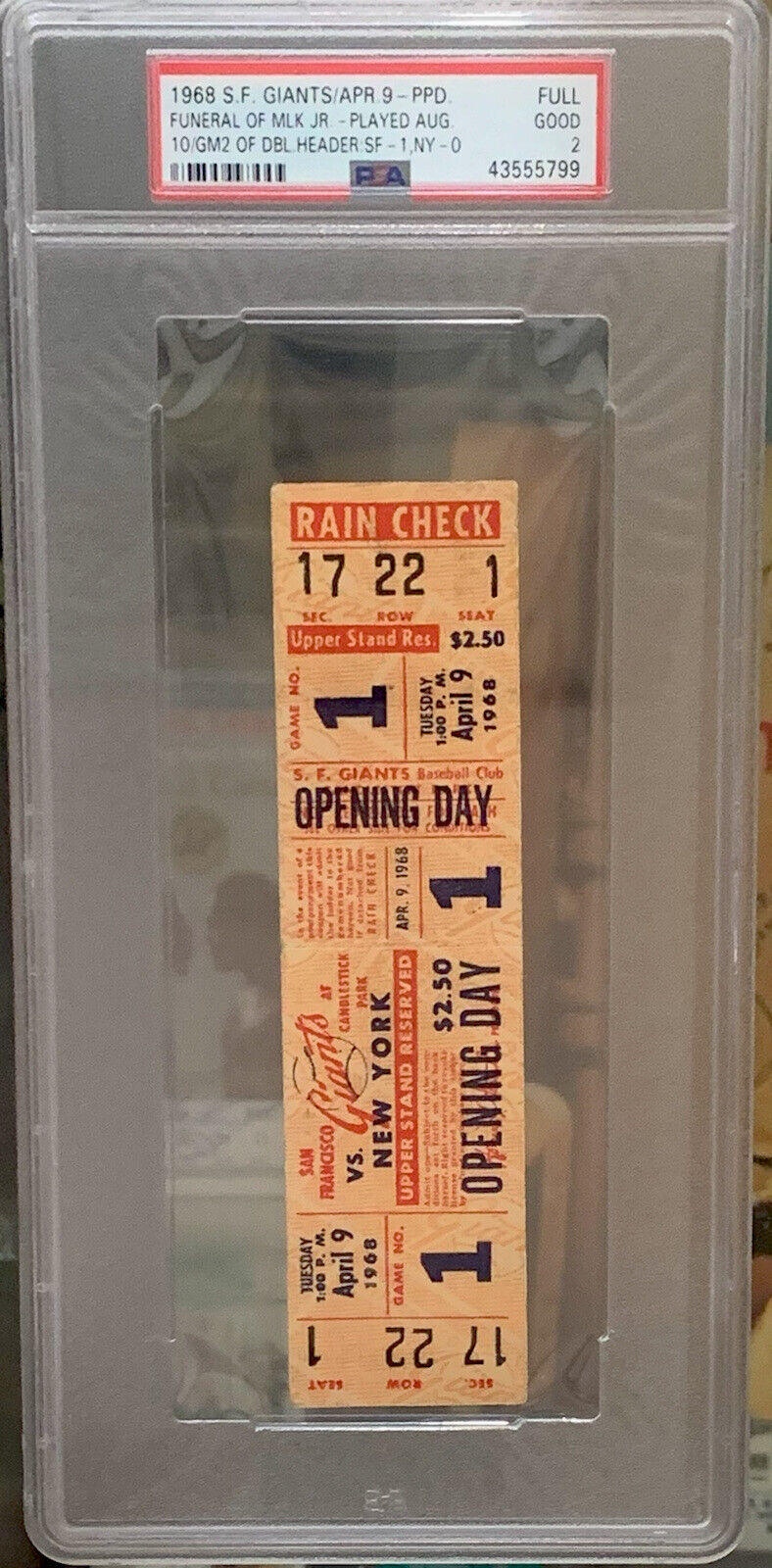 MLB Game Postponed /Martin Luther King Funeral PSA GOOD/ Full Ticket SF MLK 1968