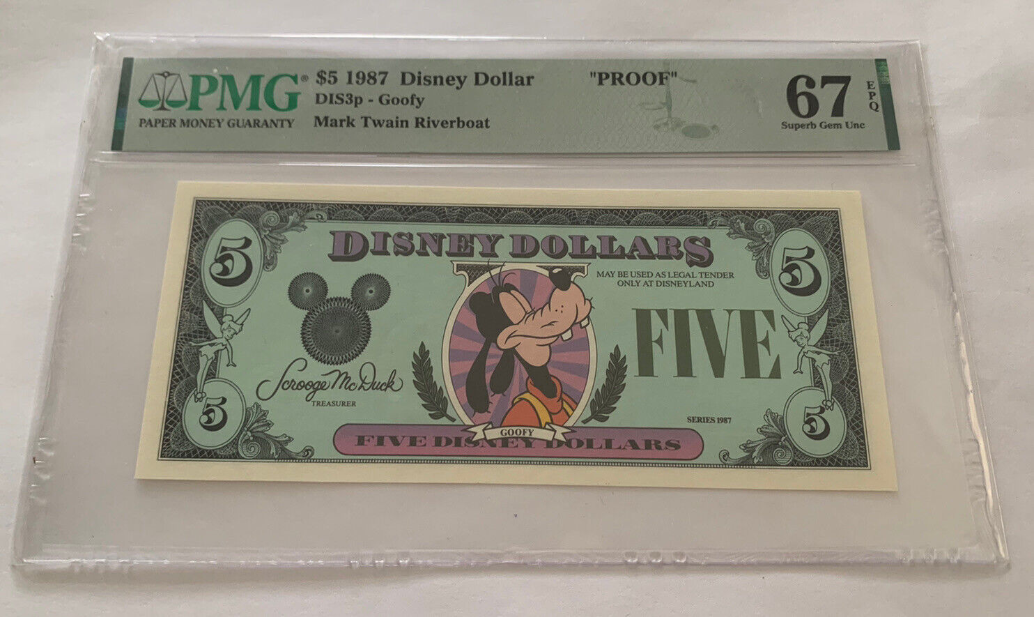 PMG-67 $5 1987 Disney Dollar Goofy Mark Twain Riverboat  Top POP “PROOF\