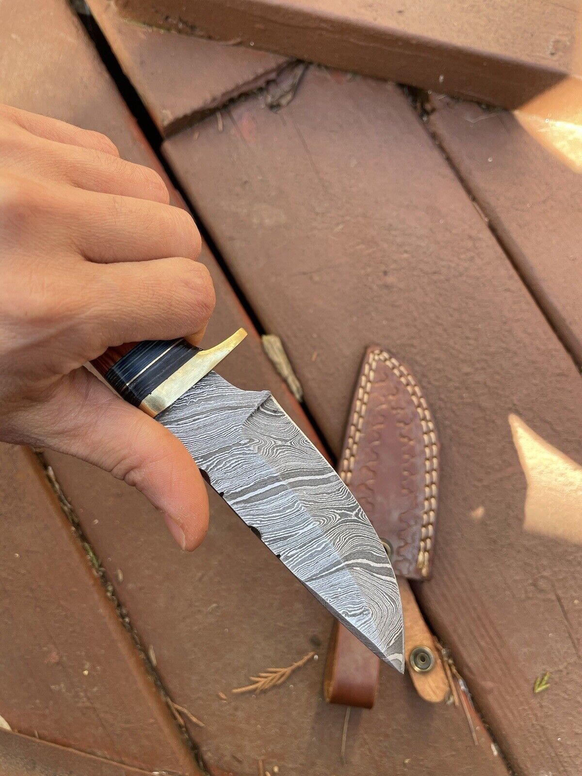 Hand forged Damascus Steel hunting Knife w/ stained wood handle -ZH.13.