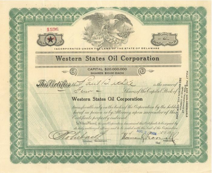 Western States Oil Corporation - Stock Certificate - Oil Stocks and Bonds